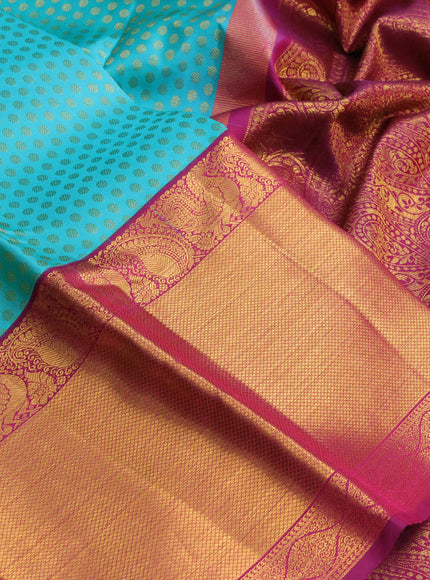 Pure kanchipuram silk saree teal blue and magenta pink with allover zari woven 1000 butta weaves and zari woven border