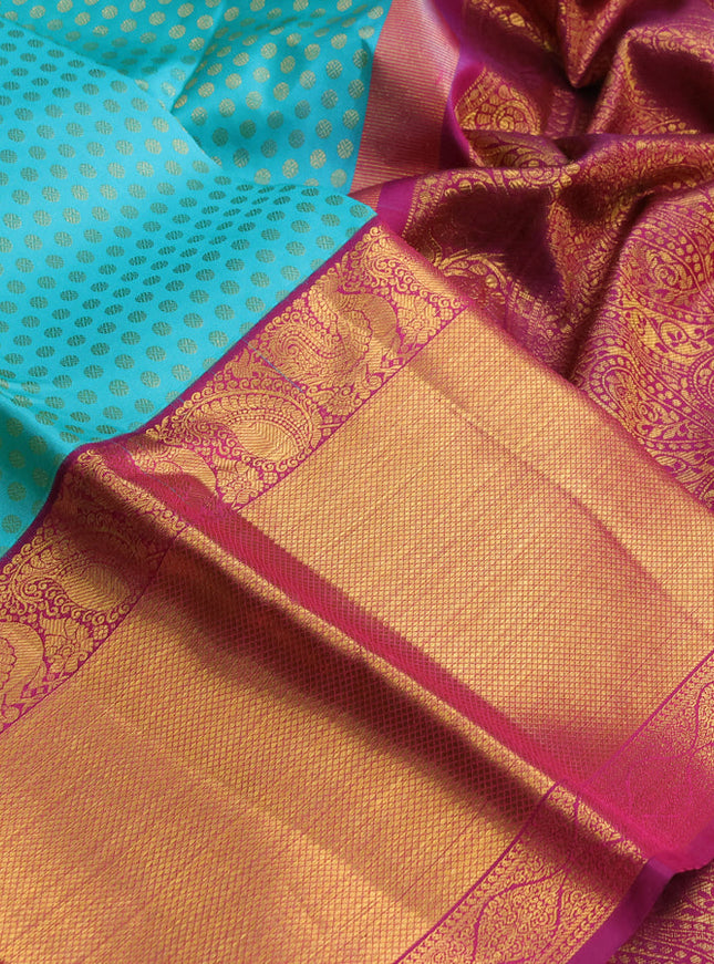 Pure kanchipuram silk saree teal blue and magenta pink with allover zari woven 1000 butta weaves and zari woven border