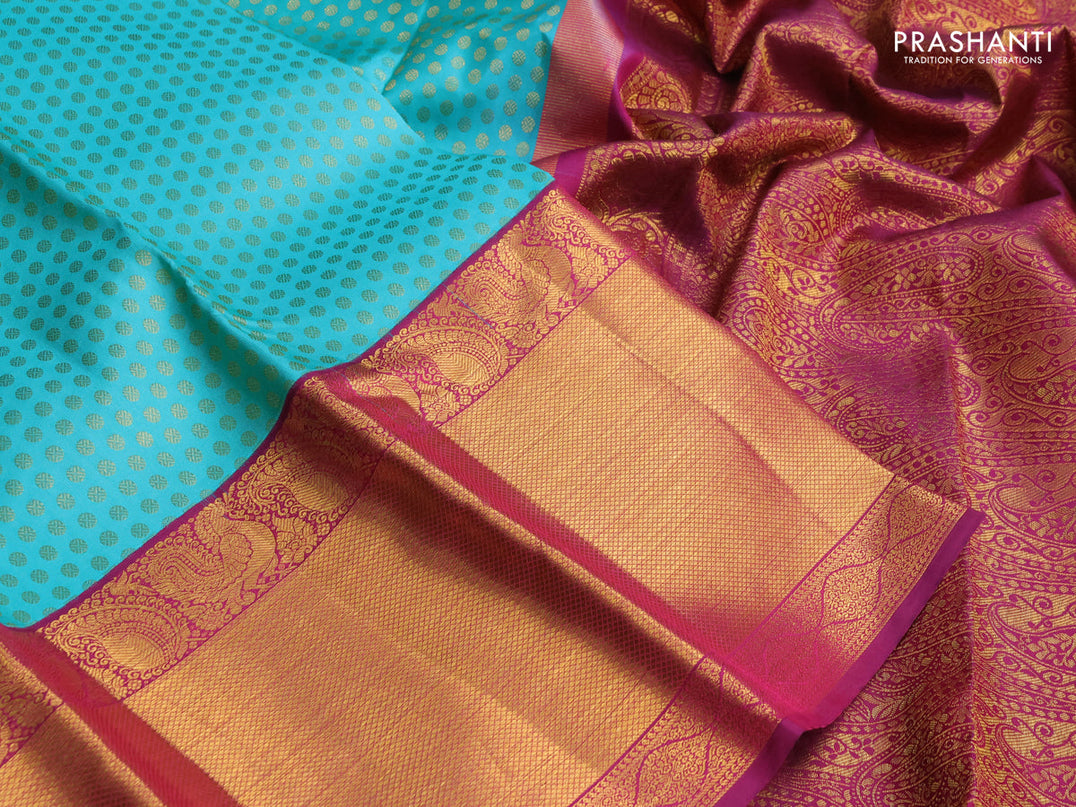 Pure kanchipuram silk saree teal blue and magenta pink with allover zari woven 1000 butta weaves and zari woven border
