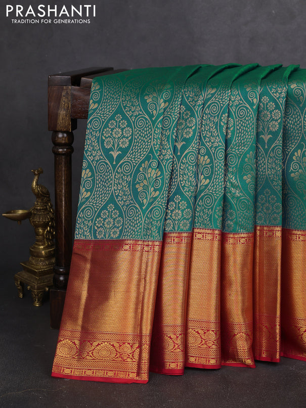 Pure kanchipuram silk saree dual shade of teal bluish green and red with allover zari woven brocade weaves and zari woven border