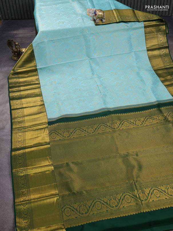 Pure kanchipuram silk saree light blue and green with allover zari woven brocade weaves and zari woven border