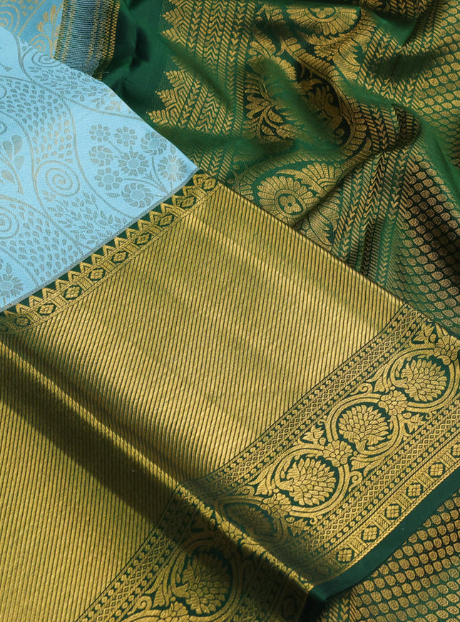 Pure kanchipuram silk saree light blue and green with allover zari woven brocade weaves and zari woven border