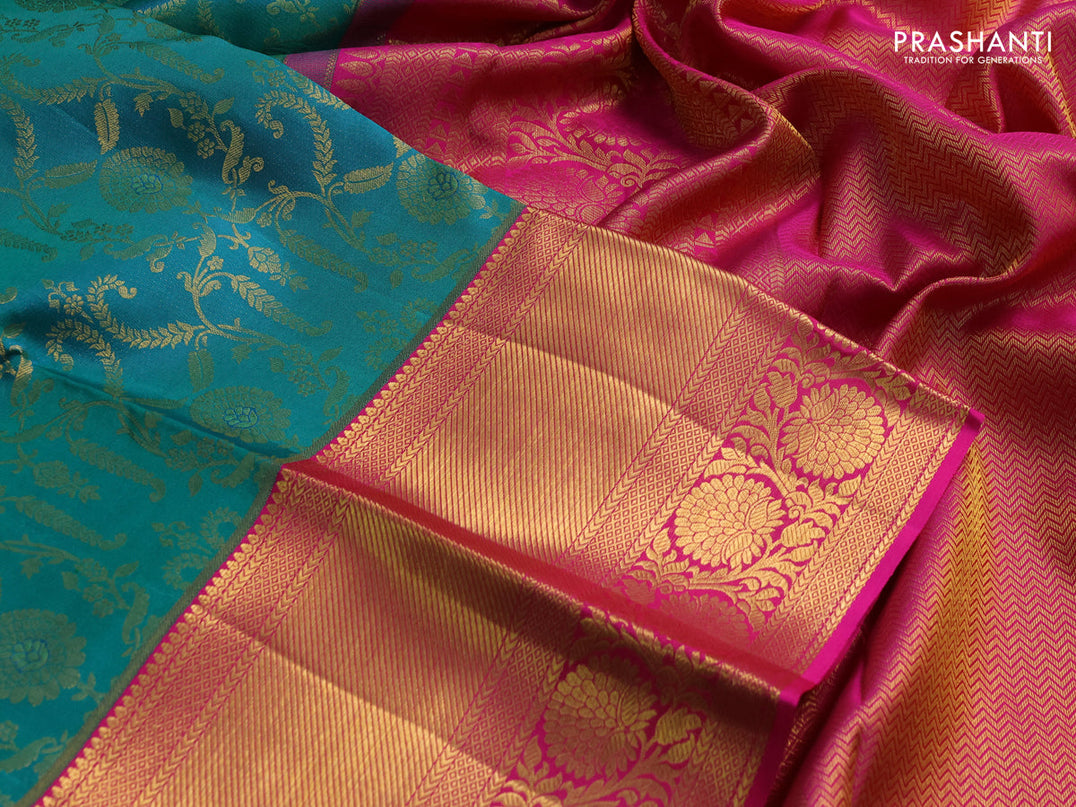 Pure kanchipuram silk saree dual shade of teal bluish green and pink with allover zari woven brocade weaves and zari woven border