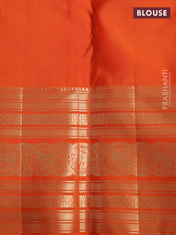 Pure kanchipuram silk saree teal blue and orange with allover zari checked pattern and zari woven border