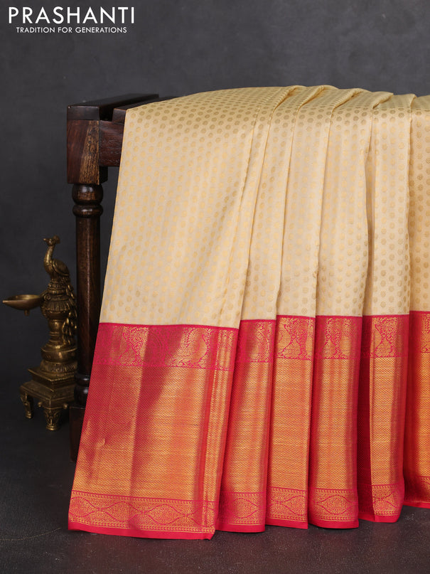 Pure kanchipuram silk saree cream and pink with allover zari woven 1000 butta weaves and zari woven border