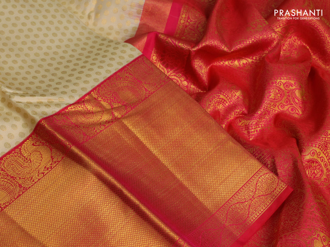 Pure kanchipuram silk saree cream and pink with allover zari woven 1000 butta weaves and zari woven border