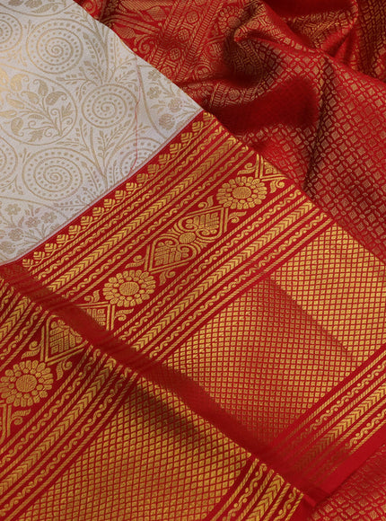Pure kanchipuram silk saree off white and red with allover zari woven brocade weaves and zari woven border