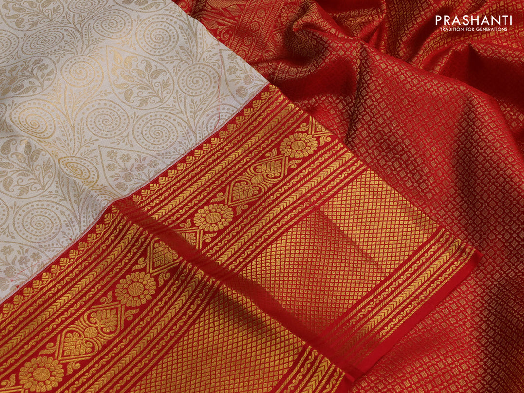 Pure kanchipuram silk saree off white and red with allover zari woven brocade weaves and zari woven border