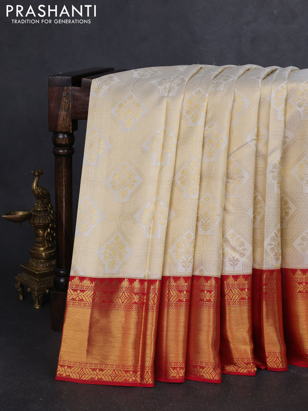 Pure kanchipuram silk saree off white and red with allover zari woven brocade weaves and zari woven border