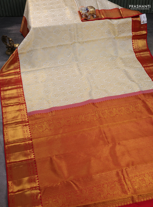 Pure kanchipuram silk saree off white and red with allover zari woven brocade weaves and zari woven border
