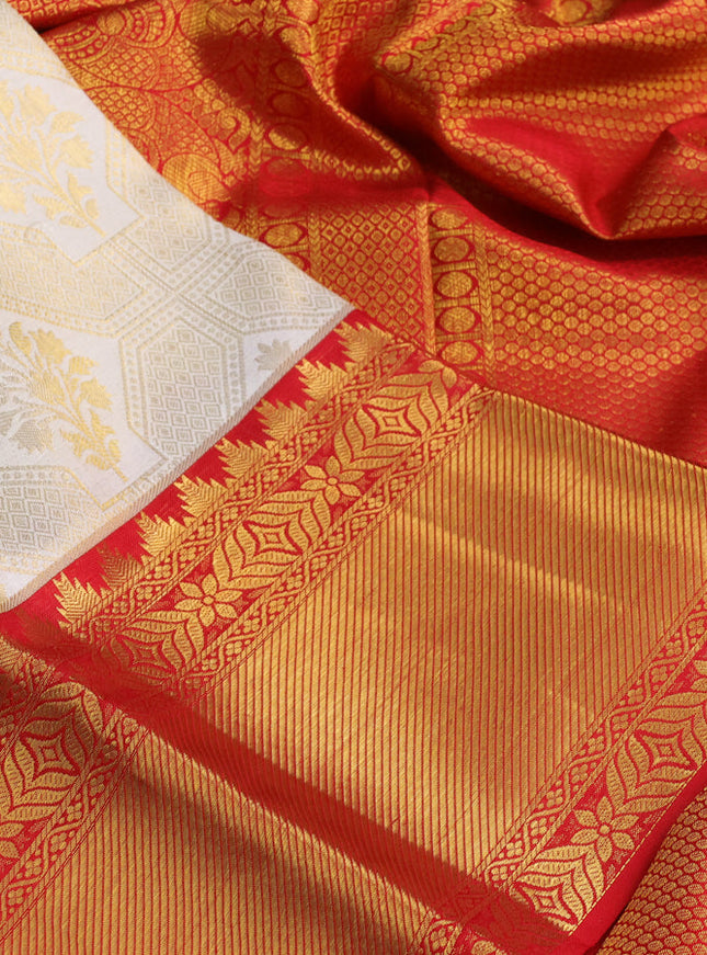 Pure kanchipuram silk saree off white and red with allover zari woven brocade weaves and zari woven border