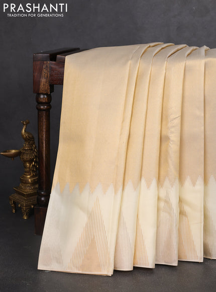 Pure kanchipuram silk saree off white with allover zari weaves and temple design zari woven border