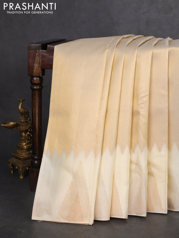 Pure kanchipuram silk saree off white with allover zari weaves and temple design zari woven border