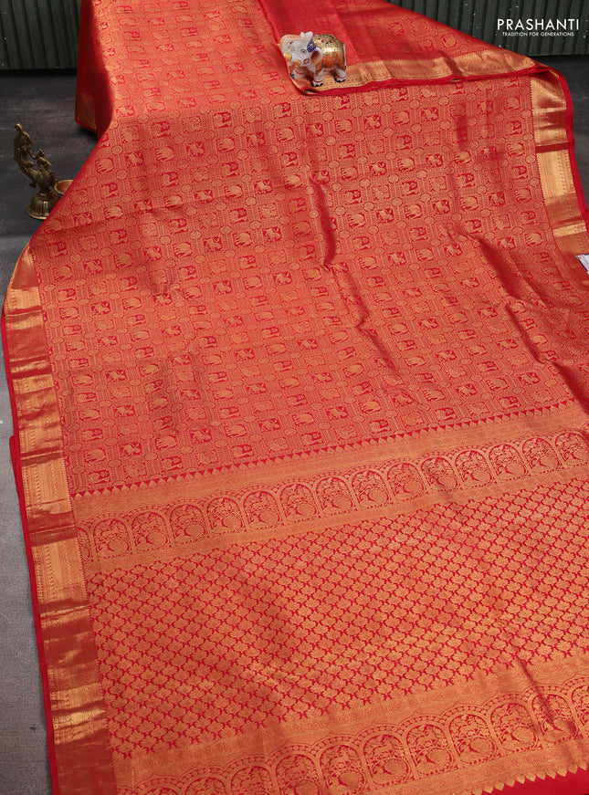 Pure kanchipuram silk saree red with allover zari woven brocade weaves and zari woven border
