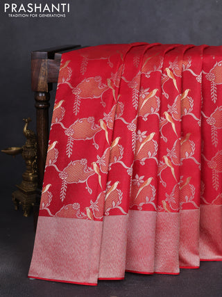 Pure kanchipuram silk saree red with allover silver & gold zari woven brocade weaves and zari woven border