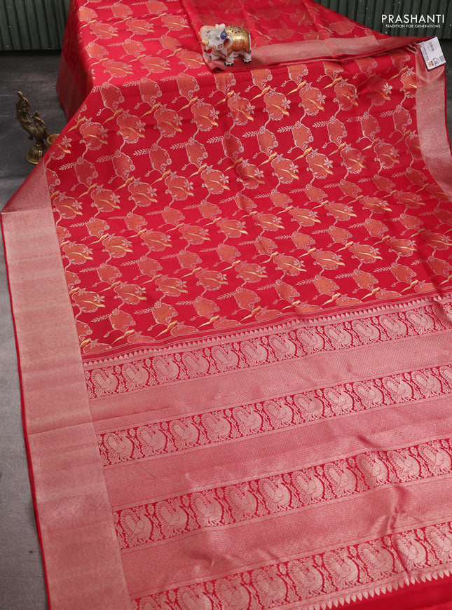 Pure kanchipuram silk saree red with allover silver & gold zari woven brocade weaves and zari woven border