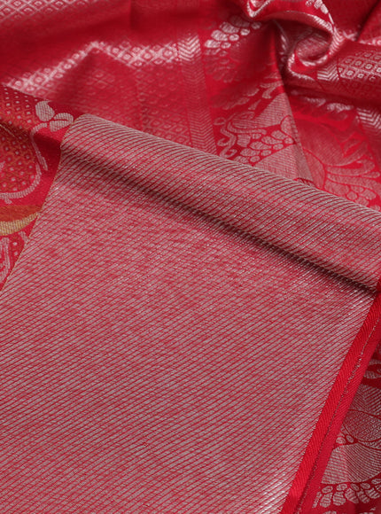 Pure kanchipuram silk saree red with allover silver & gold zari woven brocade weaves and zari woven border