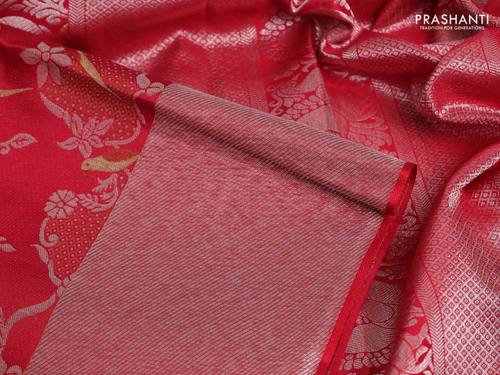Pure kanchipuram silk saree red with allover silver & gold zari woven brocade weaves and zari woven border