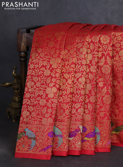 Pure kanchipuram silk saree red with allover zari woven brocade weaves and zari woven parrot design border