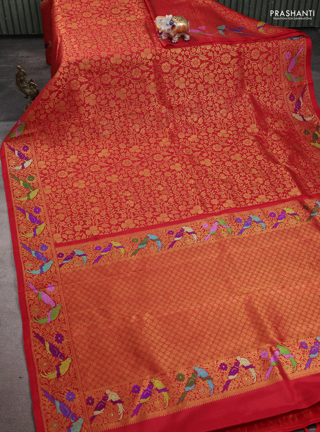 Pure kanchipuram silk saree red with allover zari woven brocade weaves and zari woven parrot design border
