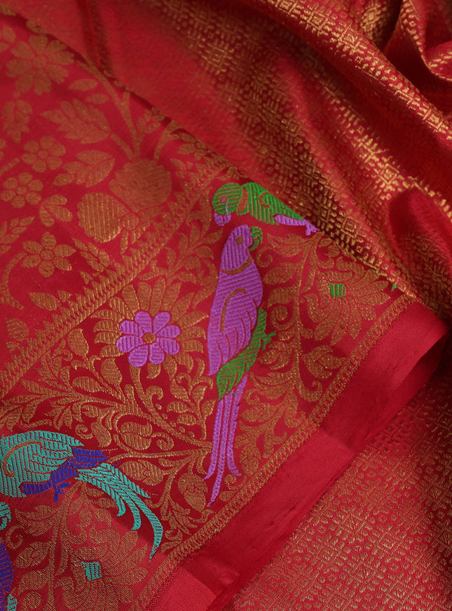 Pure kanchipuram silk saree red with allover zari woven brocade weaves and zari woven parrot design border