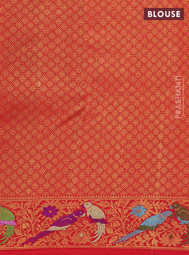 Pure kanchipuram silk saree red with allover zari woven brocade weaves and zari woven parrot design border
