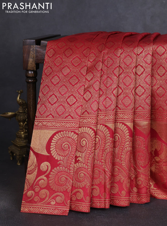 Pure kanchipuram silk saree red with allover zari woven brocade weaves and long zari woven annam border