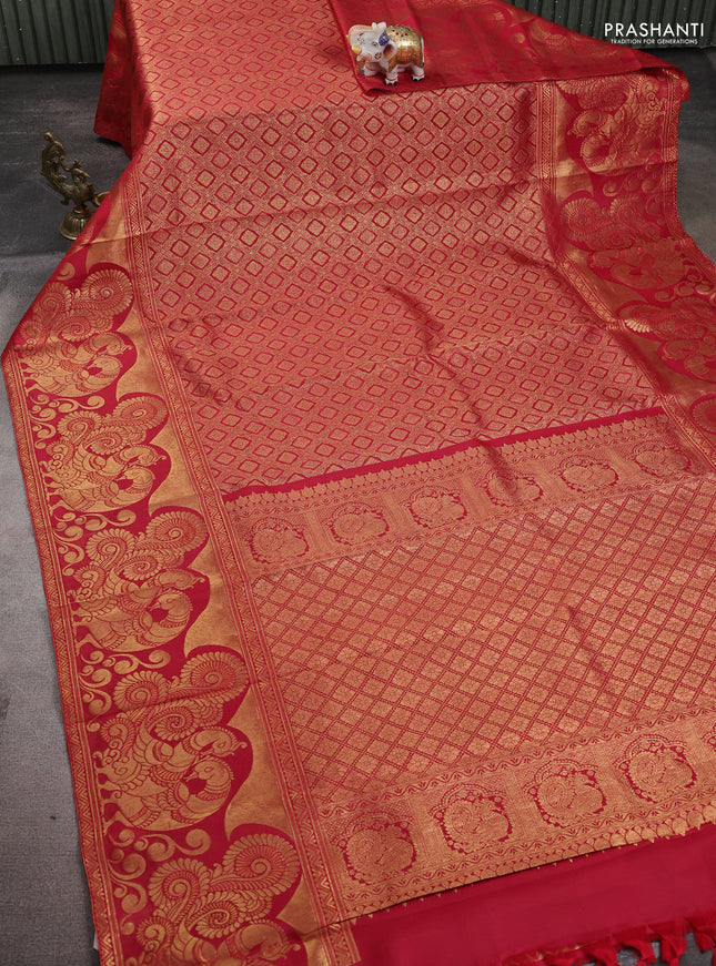 Pure kanchipuram silk saree red with allover zari woven brocade weaves and long zari woven annam border