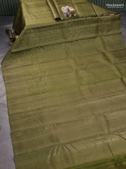 Pure kanchipuram silk saree mehendi green with allover antique zari weaves and woven border