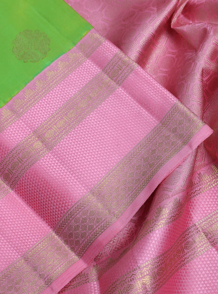 Pure kanchipuram silk saree light green and peach pink with zari woven buttas and rich zari woven border