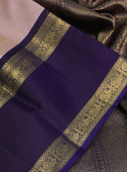 Pure kanchipuram silk saree pastel peach and dual shade of jamun with zari woven buttas and long rettapet zari woven korvai border