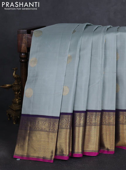 Pure kanchipuram silk saree grey and dual shade of jamun with annam & rudhraksha zari woven buttas and rich zari woven korvai border
