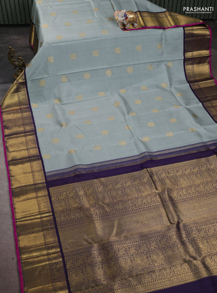 Pure kanchipuram silk saree grey and dual shade of jamun with annam & rudhraksha zari woven buttas and rich zari woven korvai border