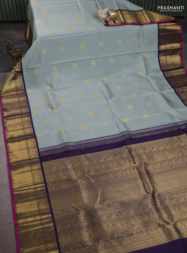 Pure kanchipuram silk saree grey and dual shade of jamun with annam & rudhraksha zari woven buttas and rich zari woven korvai border