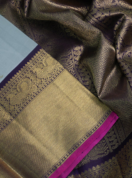 Pure kanchipuram silk saree grey and dual shade of jamun with annam & rudhraksha zari woven buttas and rich zari woven korvai border