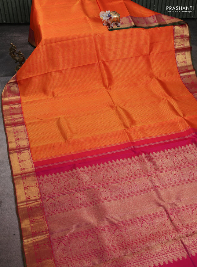 Pure kanchipuram silk saree orange and pink with allover self emboss and rich zari woven border