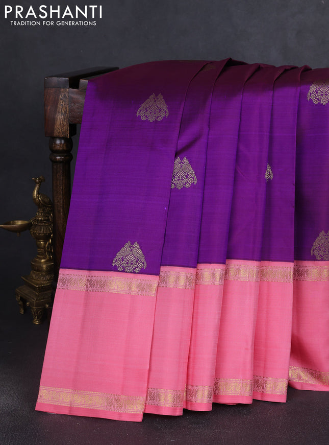 Pure kanchipuram silk saree purple and peach pink with zari woven buttas and long rettapet zari woven korvai border