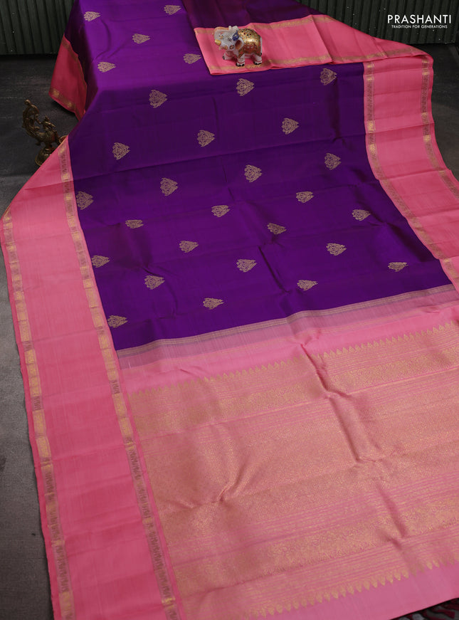 Pure kanchipuram silk saree purple and peach pink with zari woven buttas and long rettapet zari woven korvai border