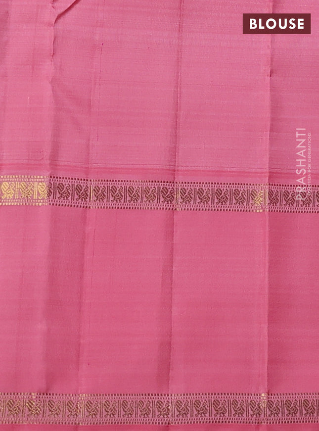 Pure kanchipuram silk saree purple and peach pink with zari woven buttas and long rettapet zari woven korvai border