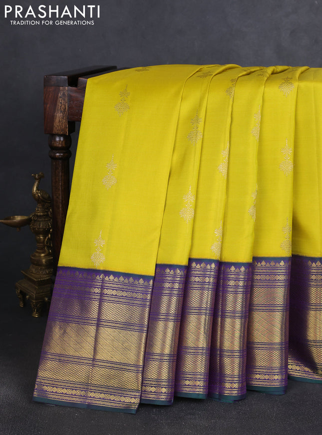 Pure kanchipuram silk saree lime yellow and dual shade of greenish violet with zari woven buttas and rich zari woven korvai border