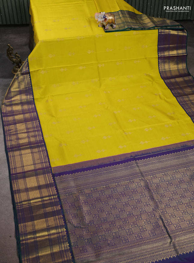Pure kanchipuram silk saree lime yellow and dual shade of greenish violet with zari woven buttas and rich zari woven korvai border