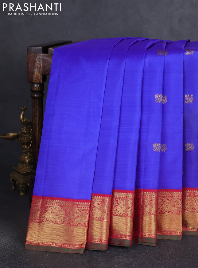 Pure kanchipuram silk saree blue and red with annam & rudhraksha zari woven buttas and rich zari woven korvai border