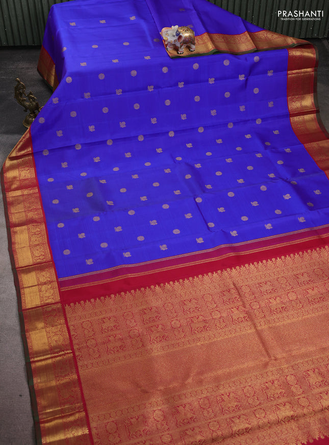 Pure kanchipuram silk saree blue and red with annam & rudhraksha zari woven buttas and rich zari woven korvai border