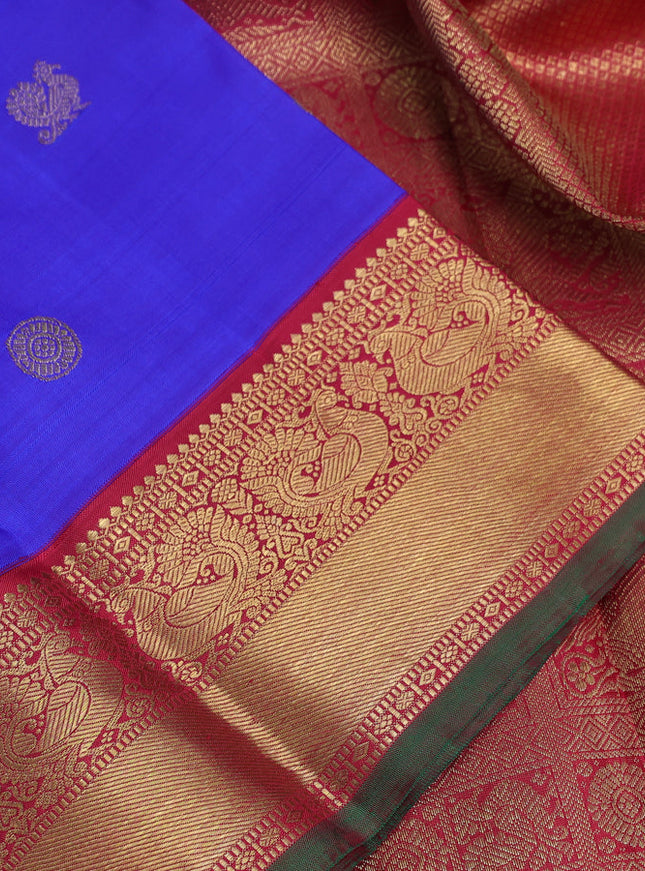 Pure kanchipuram silk saree blue and red with annam & rudhraksha zari woven buttas and rich zari woven korvai border