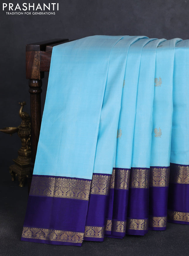 Pure kanchipuram silk saree light blue and blue with zari woven buttas and rich zari woven korvai border