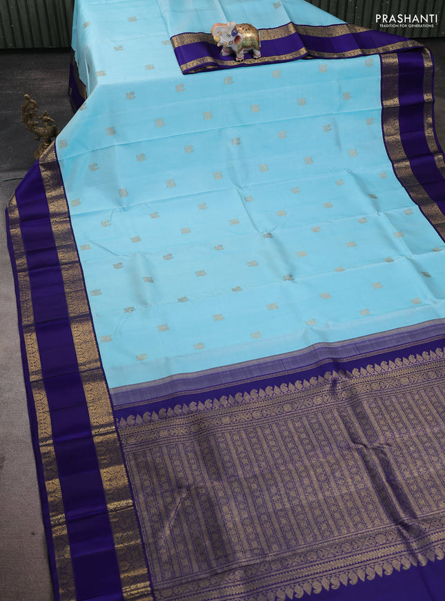 Pure kanchipuram silk saree light blue and blue with zari woven buttas and rich zari woven korvai border