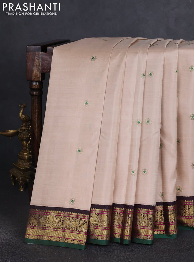 Pure kanchipuram silk saree beige and jamun shade with thread & zari woven buttas and rich zari woven korvai border