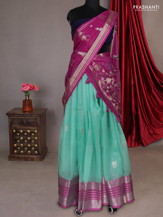 Cotton zari kota unstitched lehenga teal blue and purple with zari woven buttas