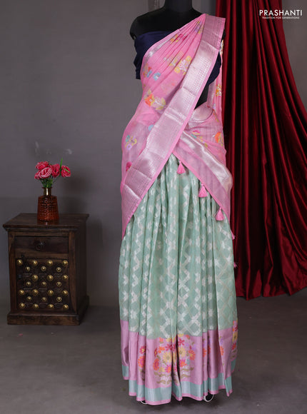 Cotton zari kota unstitched lehenga teal green and light pink with geometric zari weaves & jamdhani weaving