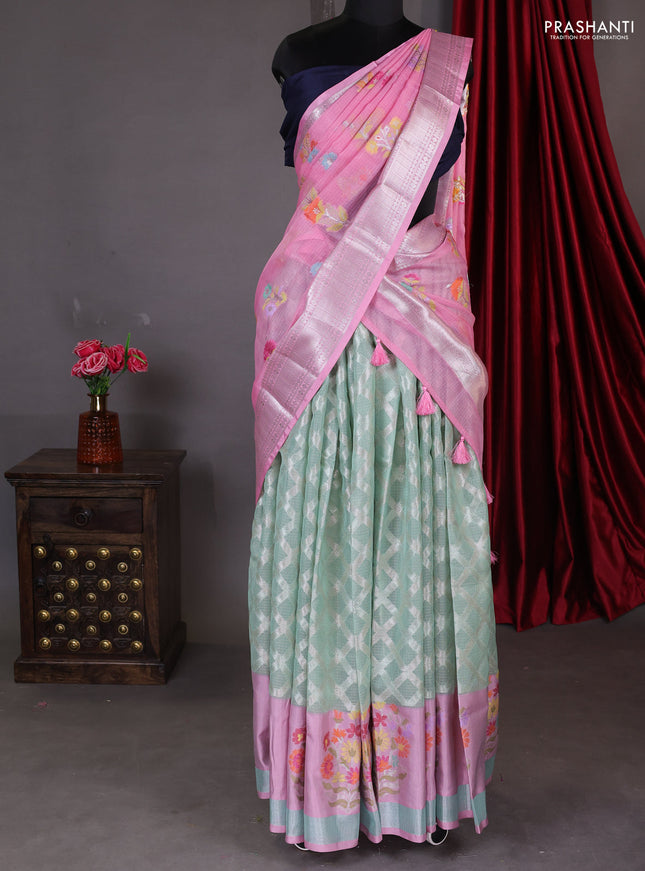Cotton zari kota unstitched lehenga teal green and light pink with geometric zari weaves & jamdhani weaving